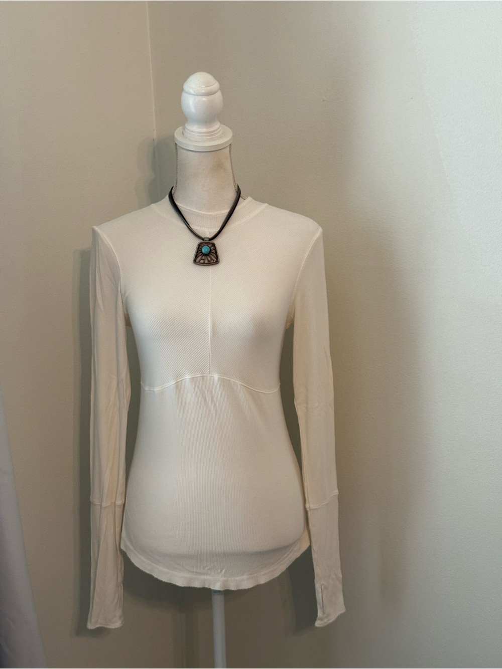 Free People Cream Long-Sleeve Ribbed Layering Top